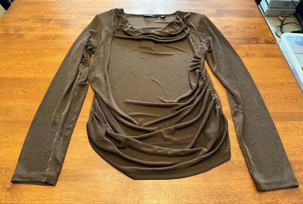 IMAN Brown Women’s Medium Sheer Drape Shoulder Padded Long Sleeve Blouse